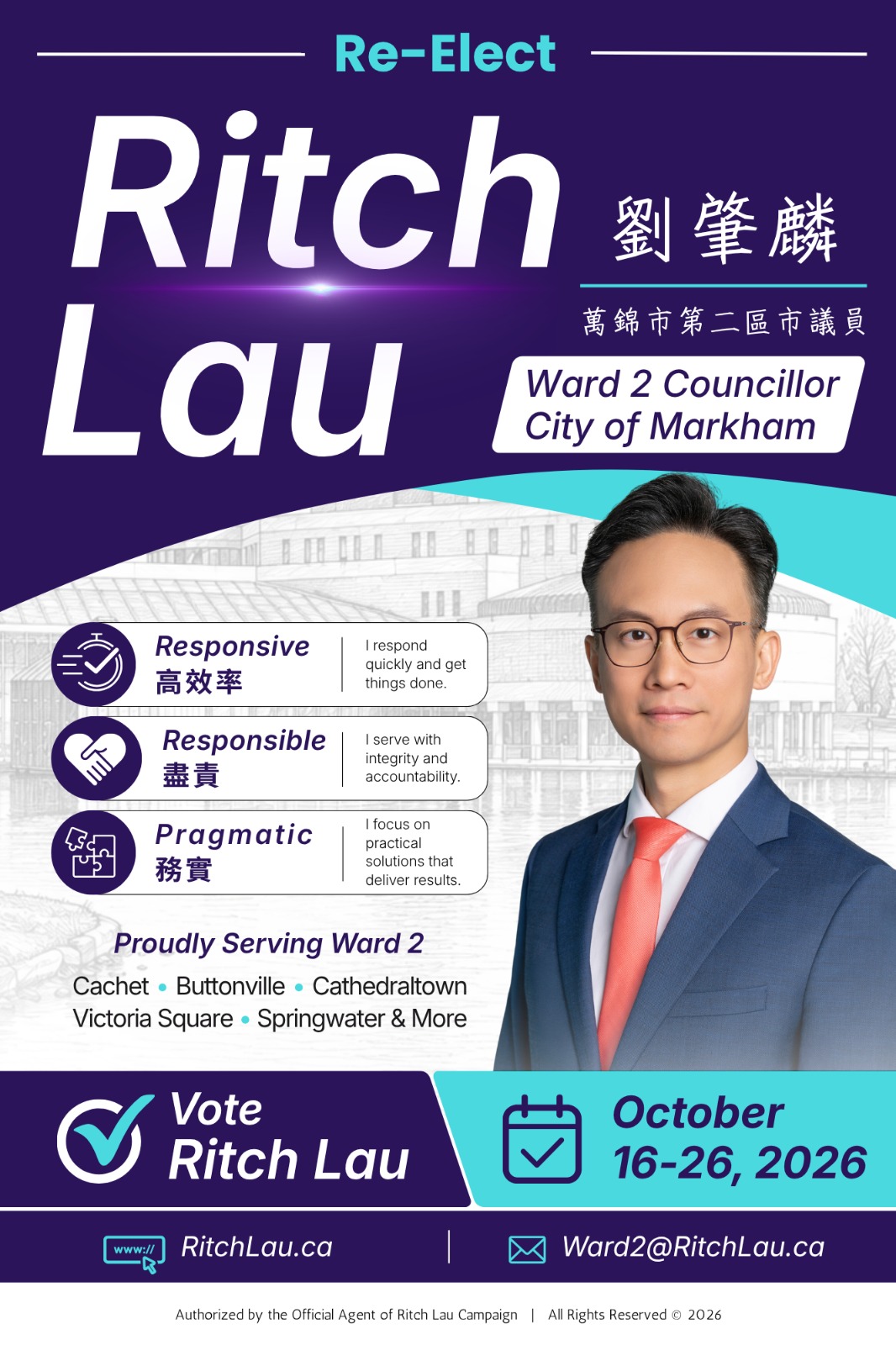Re-Elect Ritch Lau official campaign poster — Ward 2 Councillor, City of Markham, Vote October 16-26, 2026
